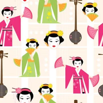 Bright seamless pattern with a dancing geisha. Stock Illustration