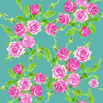 Bright seamless pattern on a dark green background of delicate pink watercolo Stock Illustration
