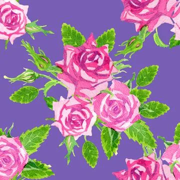 Bright seamless pattern on a dark purple background of delicate pink watercol Stock Illustration
