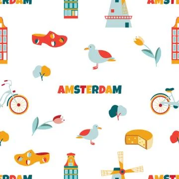 Bright seamless pattern with different elements and landmarks of Netherlands. Stock Illustration