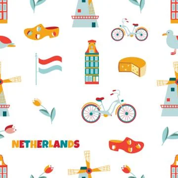 Bright seamless pattern with different elements and landmarks of Netherlands. Stock Illustration