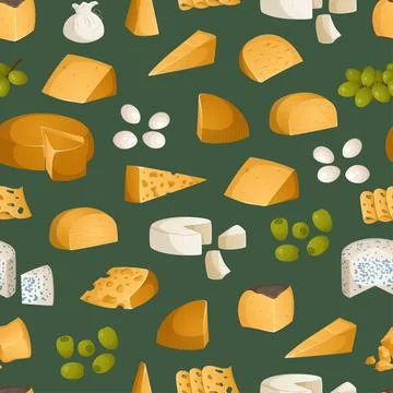 Bright seamless pattern of different types of cheeses and fruits. Appetizer.. Stock Illustration