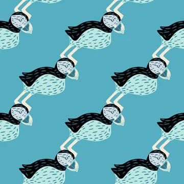 Bright seamless pattern with doodle abstract puffin birds elements. Blue back Stock Illustration