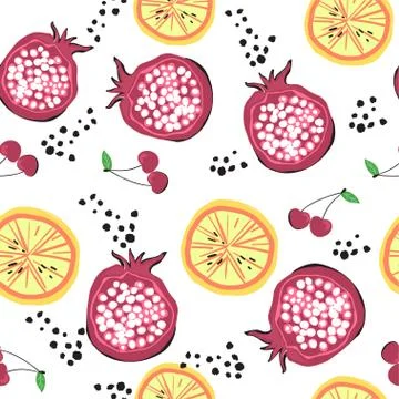 Bright seamless pattern with doodle style fruits Stock Illustration