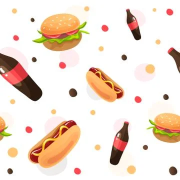 Bright seamless pattern with fast food, vector Stock Illustration