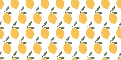 Bright seamless pattern featuring stylized lemons with green leaves, ideal fo Stock Illustration