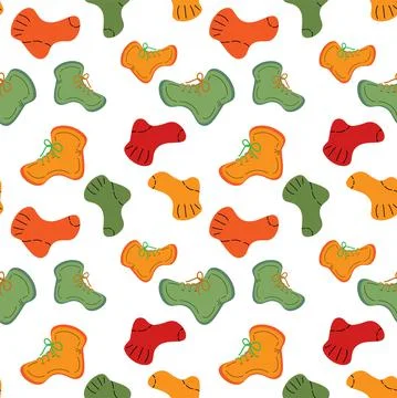 Bright seamless pattern featuring warm colorful socks and off-season boots Stock Illustration