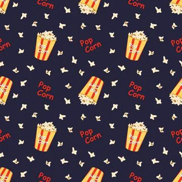 Bright seamless pattern with a festive box with popcorn, words and stars Stock Illustration