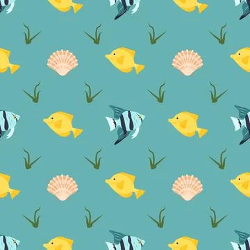 Bright seamless pattern with fish, shells and algae on a blue background Stock Illustration