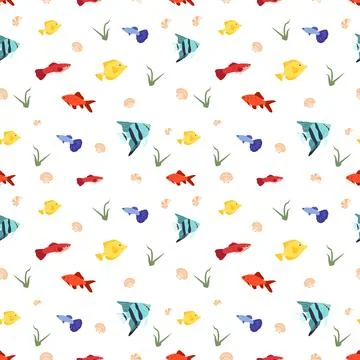 Bright seamless pattern with fish, shells and algae on a blue background Illustrazione stock