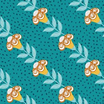 Bright seamless pattern with folk yellow flowers elements. Blue dotted backgr Illustrazione stock