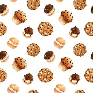 Bright seamless pattern with fresh muffins, profiteroles and cookies Stock Illustration