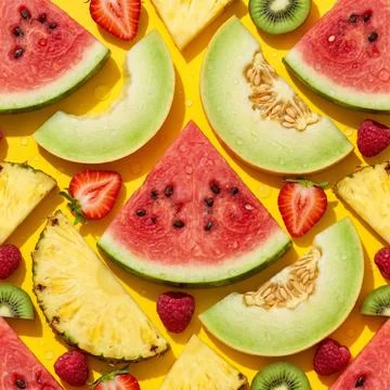 Bright seamless pattern of fresh sliced summer fruits on yellow background Stock Photos