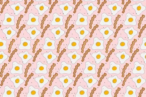 Bright Seamless pattern of fried egg with bacon stripes and spices in cartoon Illustrazione stock