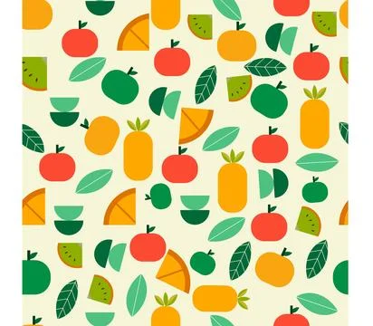 A bright seamless pattern with fruits and leaves in a minimalist flat style.. Stock Illustration