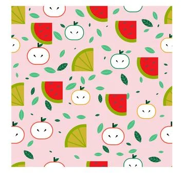 Bright seamless pattern with fruits and leaves in minimalistic flat style o.. Stock Illustration