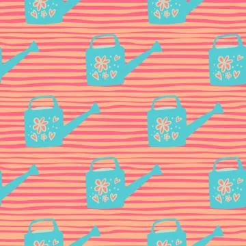 Bright seamless pattern with garden tool ornament. Blue watering cans on pink Illustrazione stock