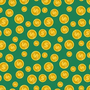 Bright seamless pattern with gold coins dollars on a green background Stock Illustration