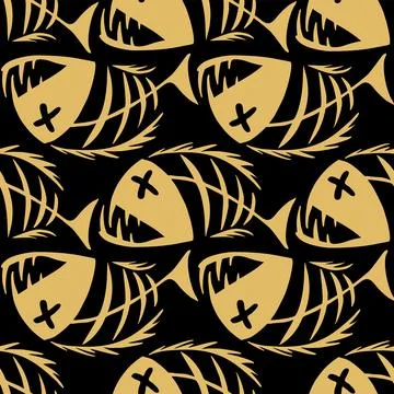 Bright seamless pattern of golden graphic fish skeletons on a black Illustrazione stock