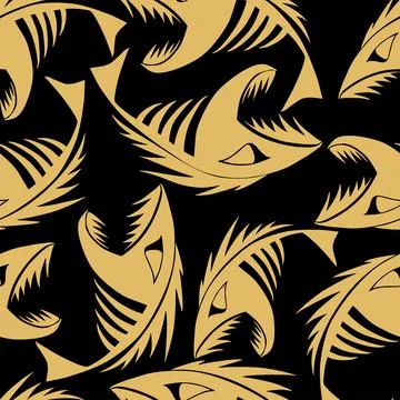 Bright seamless pattern of golden graphic fish skeletons on a black Illustrazione stock