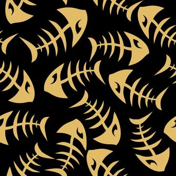 Bright seamless pattern of golden graphic fish skeletons on a black Illustrazione stock