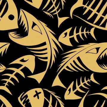 Bright seamless pattern of golden graphic fish skeletons on a black Illustrazione stock