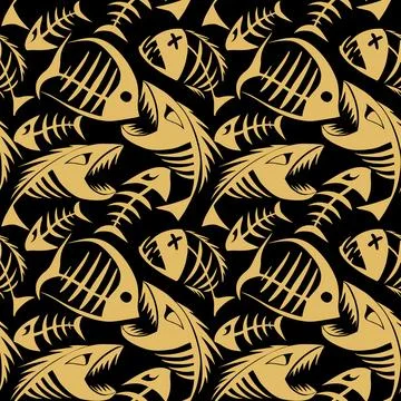 Bright seamless pattern of golden graphic fish skeletons on a black Illustrazione stock