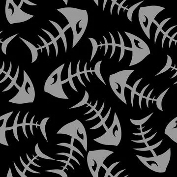 Bright seamless pattern of gray graphic fish skeletons on a black background Illustrazione stock