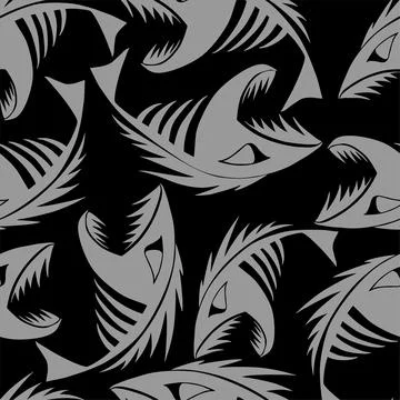 Bright seamless pattern of gray graphic fish skeletons on a black background Illustrazione stock