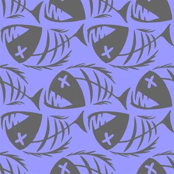 Bright seamless pattern of gray graphic fish skeletons on a blue background Stock Illustration