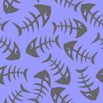 Bright seamless pattern of gray graphic fish skeletons on a blue background, Illustrazione stock