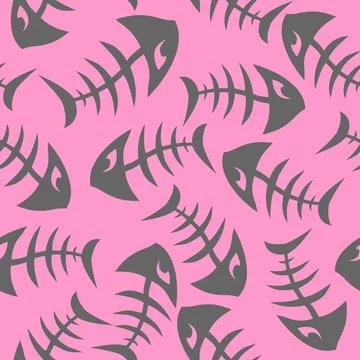 Bright seamless pattern of gray graphic fish skeletons on a pink background Stock Illustration