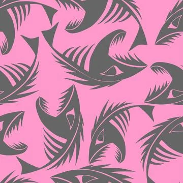 Bright seamless pattern of gray graphic fish skeletons on a pink background Stockillustratie