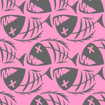 Bright seamless pattern of gray graphic fish skeletons on a pink background Illustrazione stock