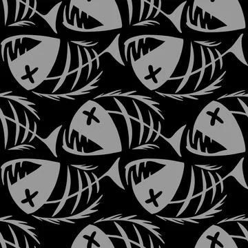 Bright seamless pattern of gray graphic fish skeletons on a black backgroun.. Stock Illustration