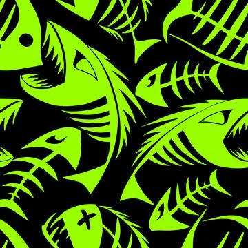 Bright seamless pattern of green graphic fish skeletons on a black background Stock Illustration