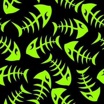 Bright seamless pattern of green graphic fish skeletons on a black Illustrazione stock