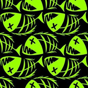 Bright seamless pattern of green graphic fish skeletons on a black Illustrazione stock