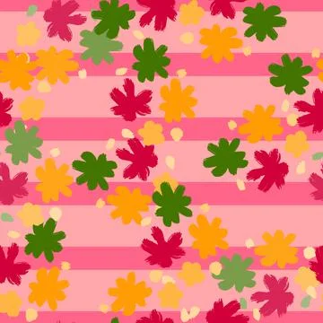 Bright seamless pattern with green, pink and yellow abstract flower buds elem Stock Illustration