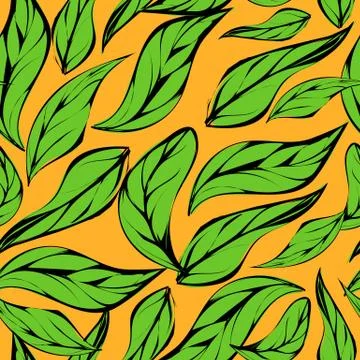 Bright seamless pattern with green tea leaves on yellow background Stock Illustration