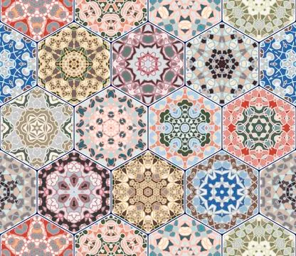 Bright seamless pattern of hexagonal tiles with vintage ornament. 스톡 일러스트