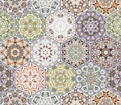 Bright seamless pattern of hexagonal tiles with vintage ornament. 스톡 일러스트