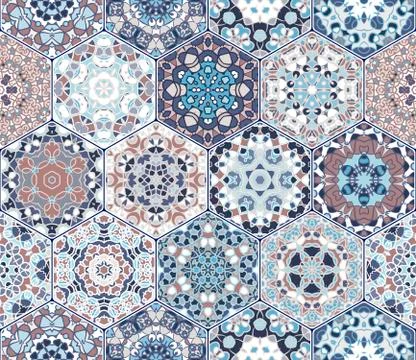 Bright seamless pattern of hexagonal tiles with vintage ornament. 스톡 일러스트