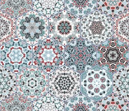 Bright seamless pattern of hexagonal tiles with vintage ornament. 스톡 일러스트