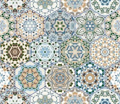 Bright seamless pattern of hexagonal tiles with vintage ornament. 스톡 일러스트