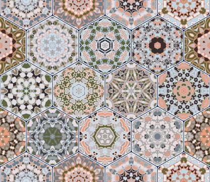 Bright seamless pattern of hexagonal tiles with vintage ornament. イラスト素材