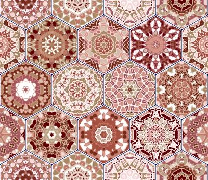 Bright seamless pattern of hexagonal tiles with vintage ornament. Stockillustratie