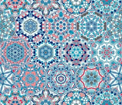 Bright seamless pattern of hexagonal tiles with vintage ornament. 스톡 일러스트