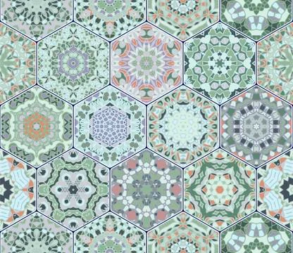 Bright seamless pattern of hexagonal tiles with vintage ornament. イラスト素材