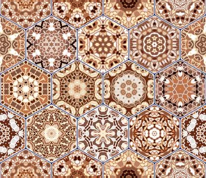 Bright seamless pattern of hexagonal tiles with vintage ornament. Stock Illustration